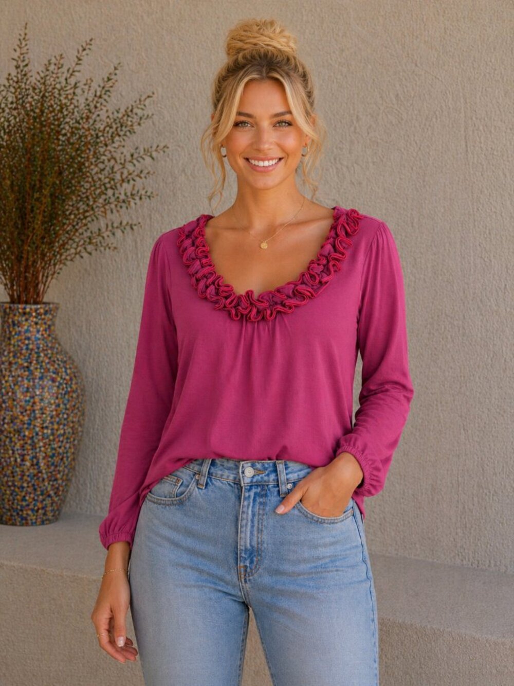 Miotta Ruffle Neckline Blouse | Berry Pink Long Sleeve Top | Soft Stretch | Size